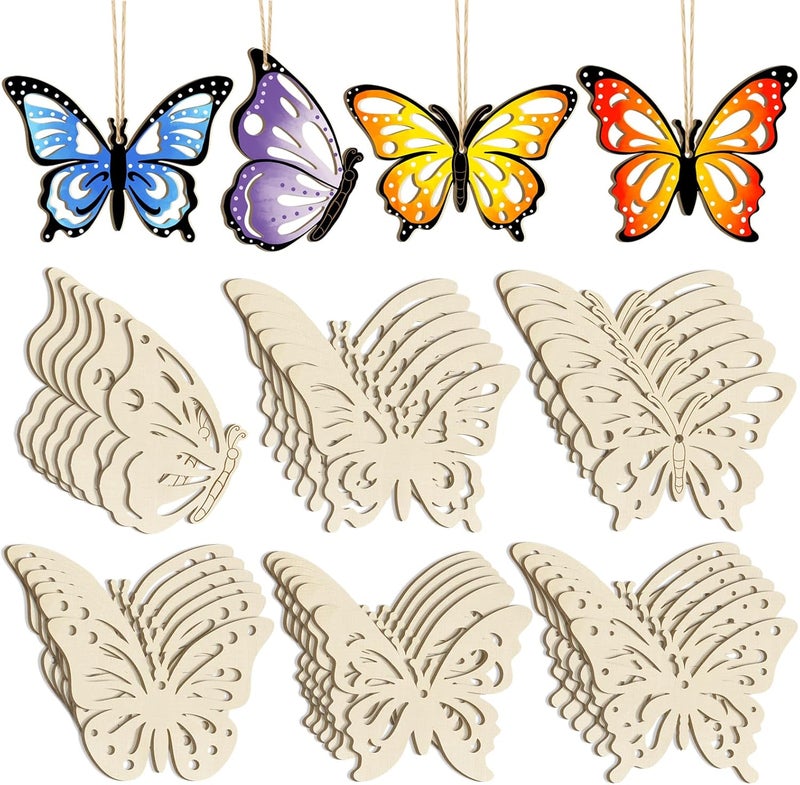 Sophena 36PCS Wooden Hollow Butterfly Ornaments to Paint, 6 Styles DIY Blank Unfinished Wood Cutouts Ornament for Crafts Hanging Decorations Summer - Image 1